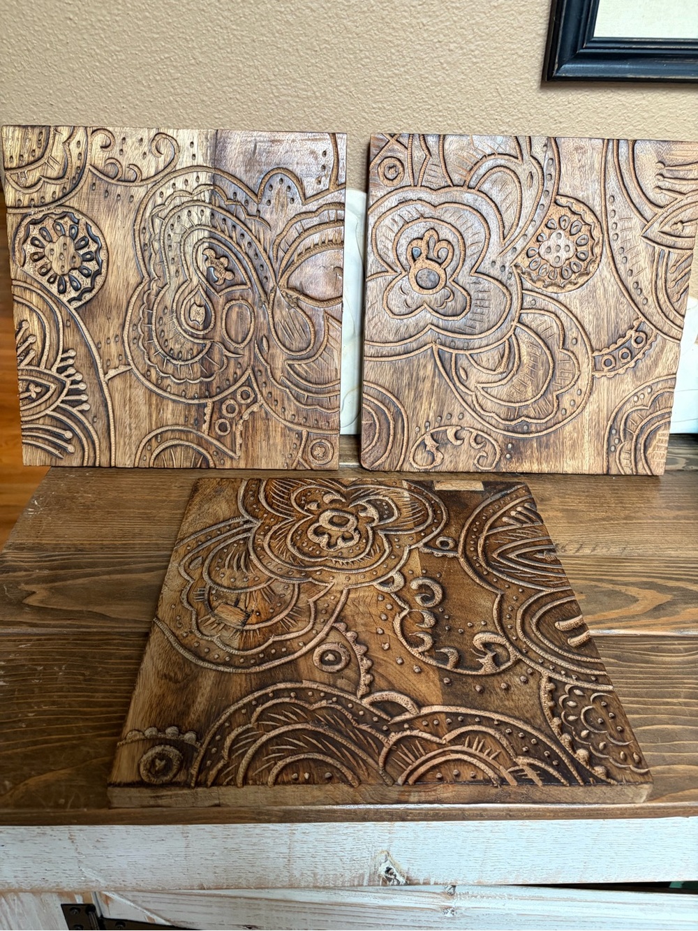 3 Hand Carved Solid Wood Wall Art 12 x 12 Squares